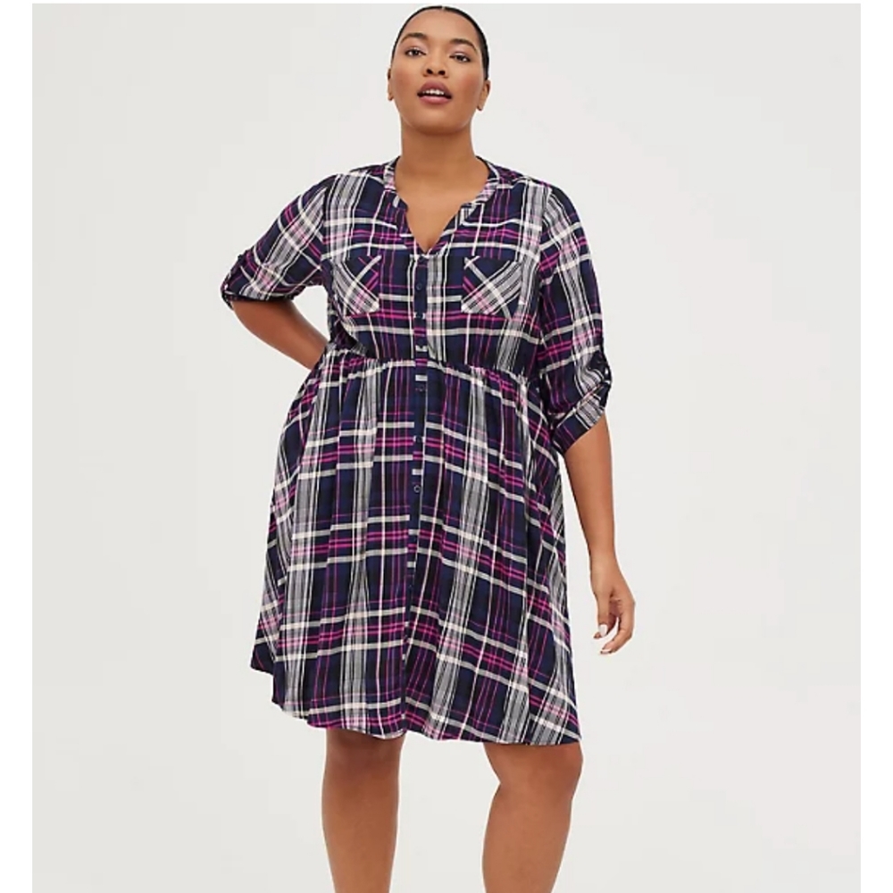 NWT Torrid 2X Shirt Dress Stretch Challis Plaid Pink and Blue